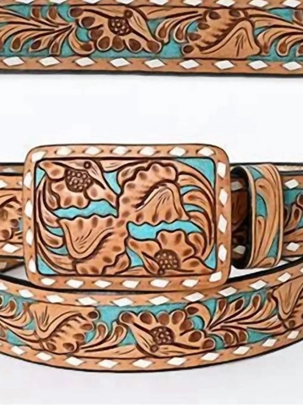 American Darling Brown Leather Tooled Belt with Turquoise Accents